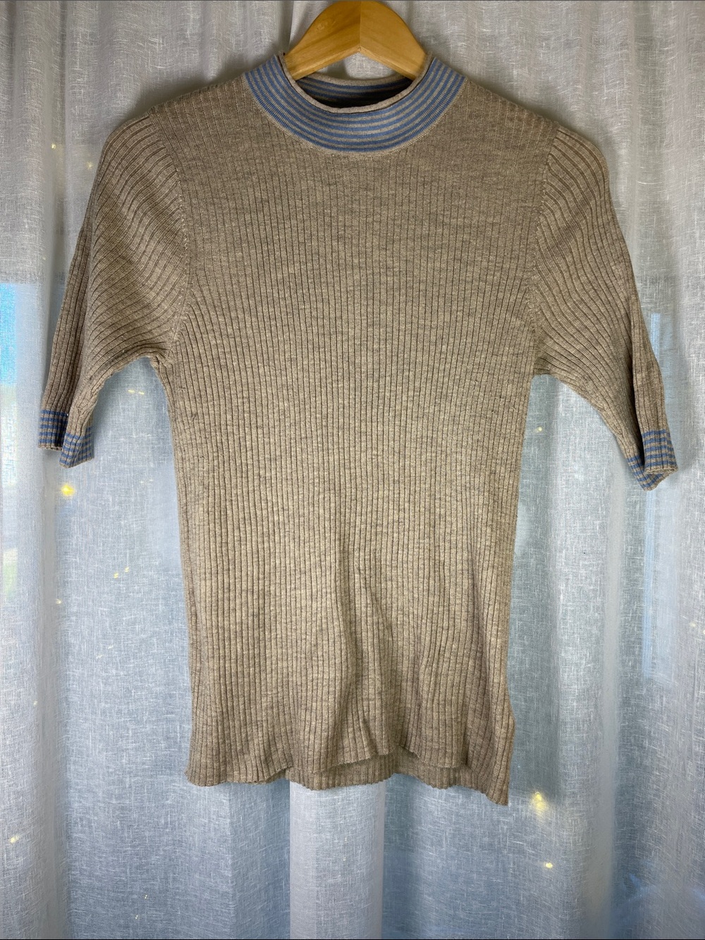 Beige Ribbed Short-Sleeve Knit Shirt with Blue Trim